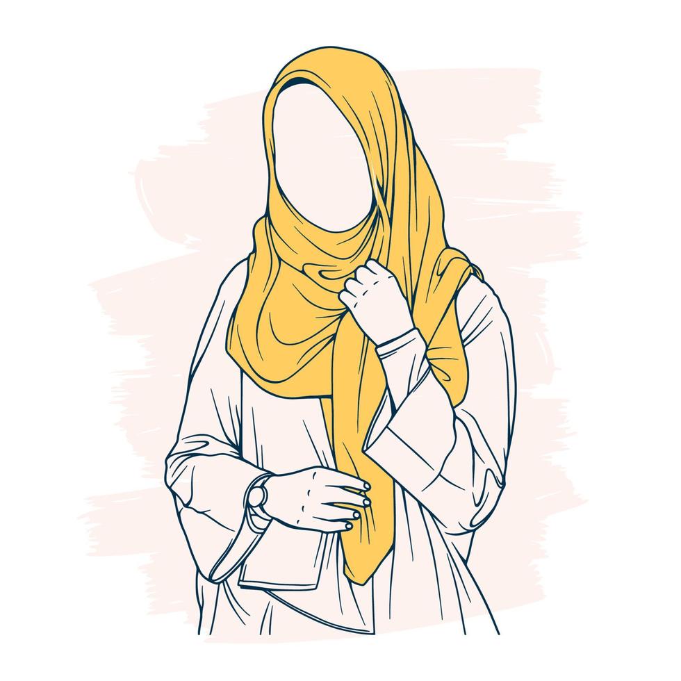 mujer musulmana elegante y de moda en arte de línea de ilustración de vector de moda hijab aislado para moda boutique