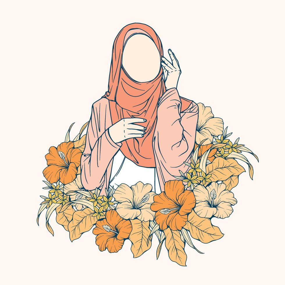 mujer musulmana elegante y de moda en arte de línea de ilustración de vector de moda hijab aislado para moda boutique