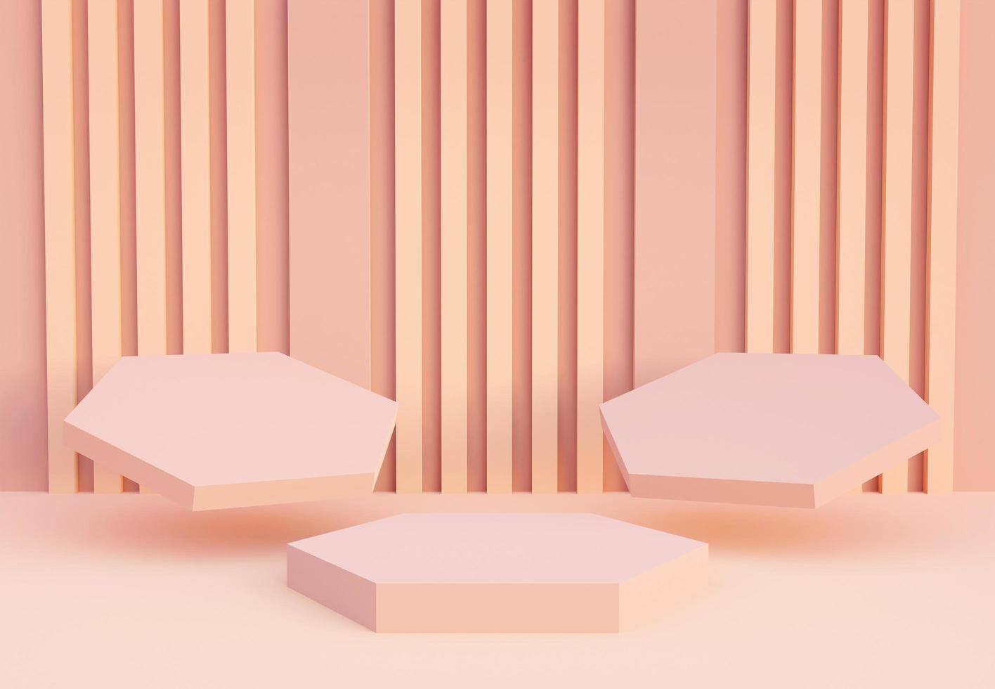 Set of three podiums with abstract stripes wall. Stand to show products. Stage showcase with modern scene. Pedestal display with copy space. 3D rendering. Studio platform template. photo