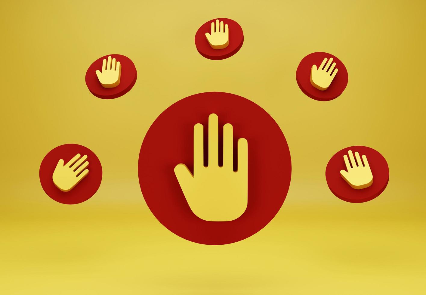Red stop hand block sign, Adblock,  Do Not Enter, Forbidden Icon, Stop sign, hand stop symbol, traffic stop, restricted and dangerous signs with colored background. 3D render. photo