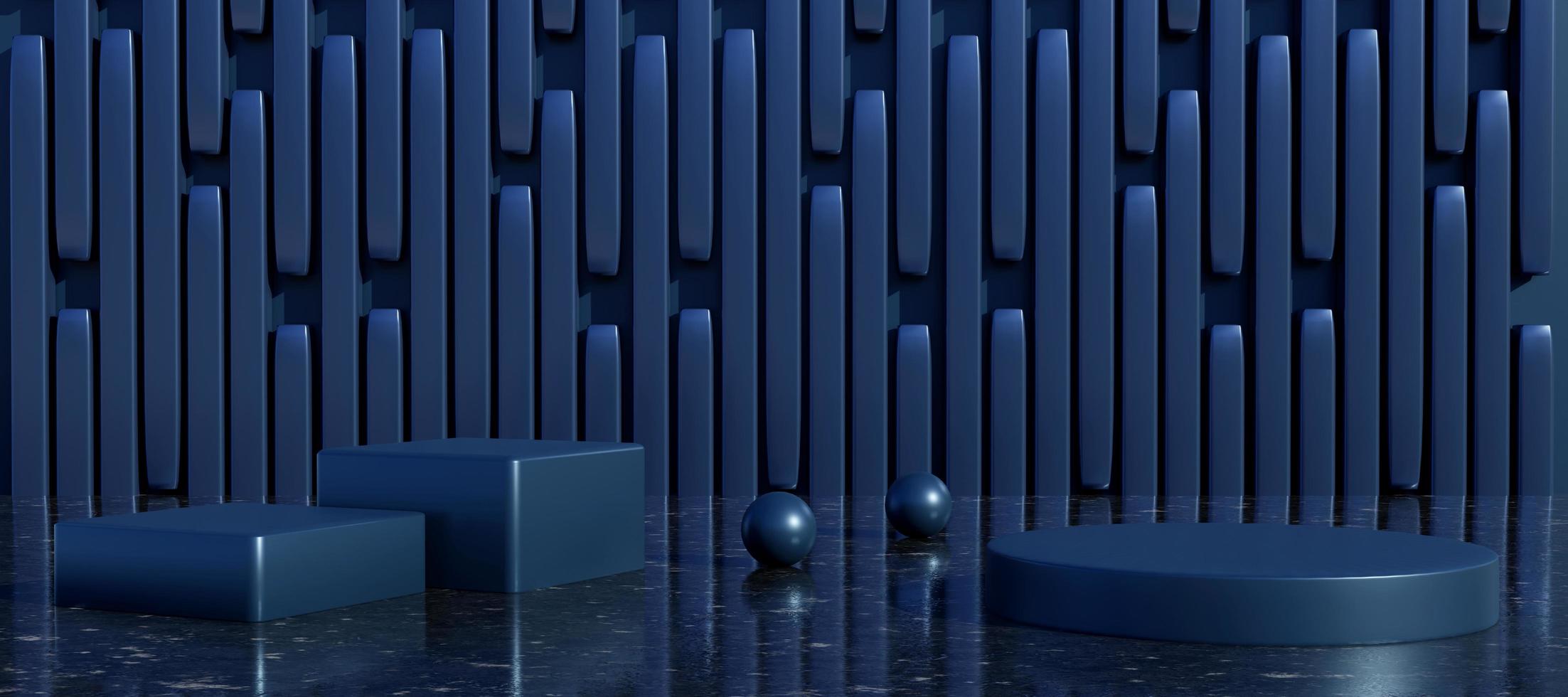Deep blue cylinder podium with decorative objects on blue background.  Stand to show products. Modern pedestal display with copy space. Banner size. Website cover template. 3D rendering. photo