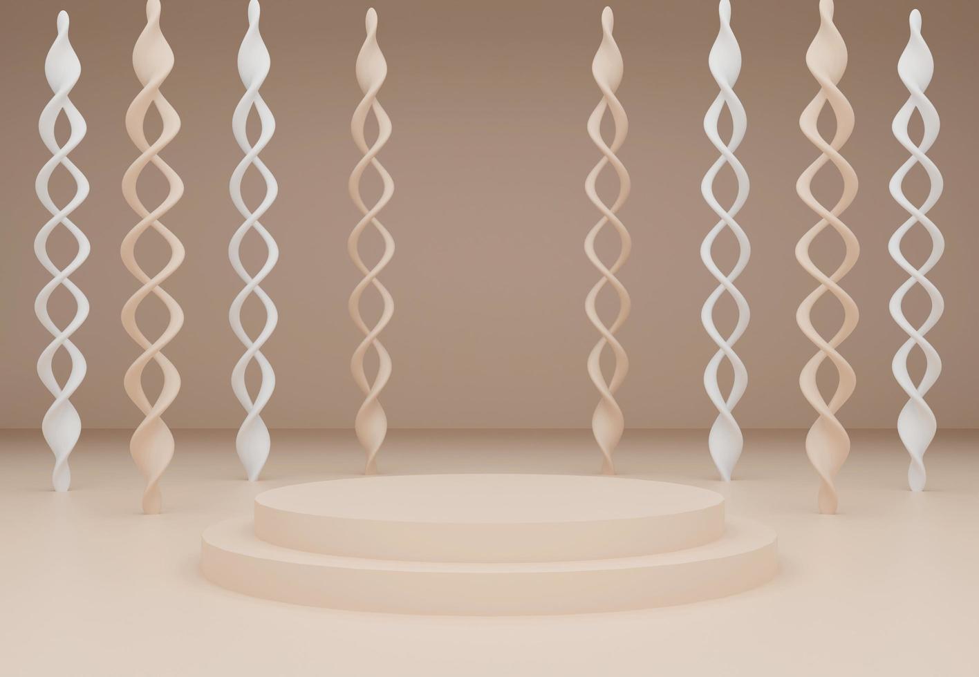 Beige podium with abstract art objects. Stand to show products. Stage showcase with modern scene. Pedestal display with copy space. 3D rendering. Studio platform template. photo