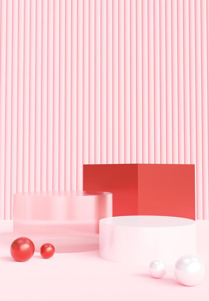 Three podiums with minimal abstract art objects. Stand to show products. Stage showcase on pink background. Pedestal in vertical display. Beauty fashion backdrop for smartphone. 3D rendering. photo