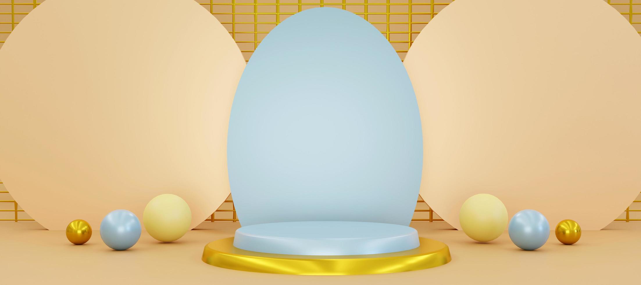 Blue podium with abstract decorative objects. Stand to show products with copy space. Pedestal in futuristic scene background. Banner size. Website cover template. 3D rendering. photo