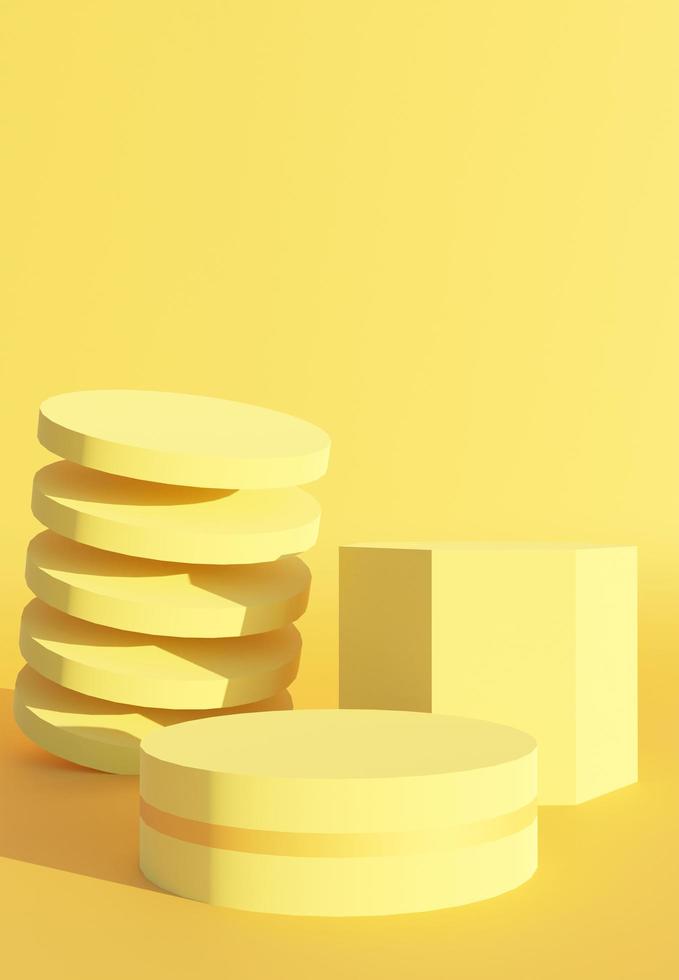 Three style abstract podium objects. Stand to show products with minimal scene on yellow background. Pedestal in vertical display. Beauty fashion backdrop for smartphone. 3D rendering. photo