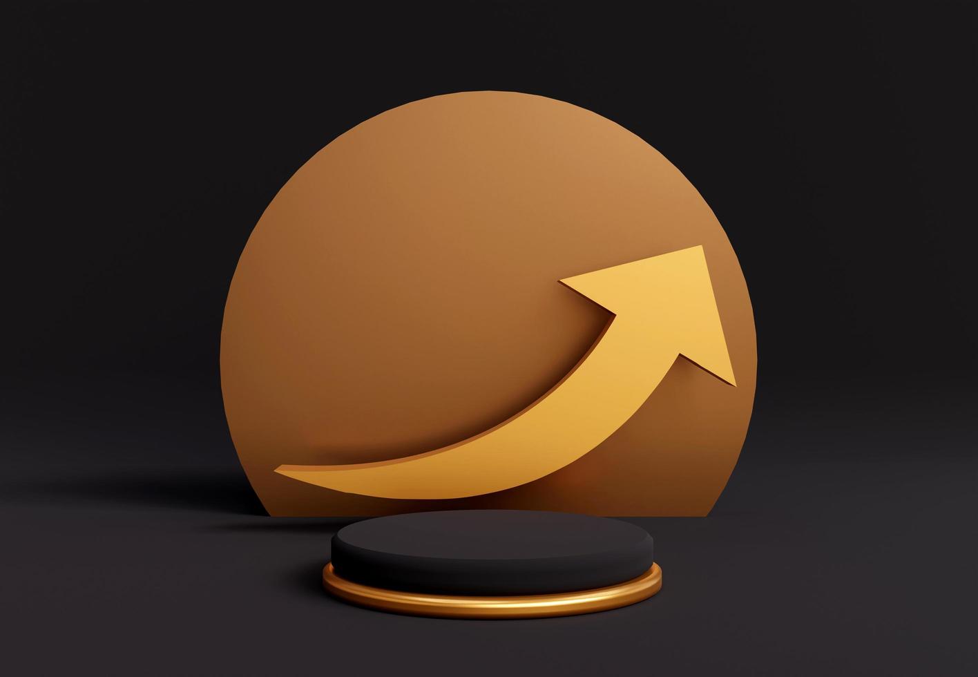 Black cylinder podium with golden up-arrows in black background. Stand to show products. Stage showcase with copy space. Business Growth Concept in minimal style. 3D rendering. photo