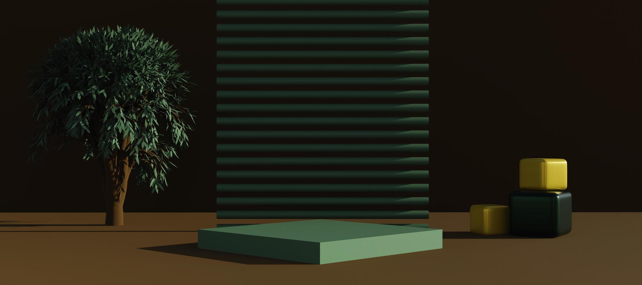 Green podium with abstract art objects. Stand to show products. Stage showcase with copy space. Pedestal display. Nature theme. Banner size. Website cover template. 3D rendering. photo