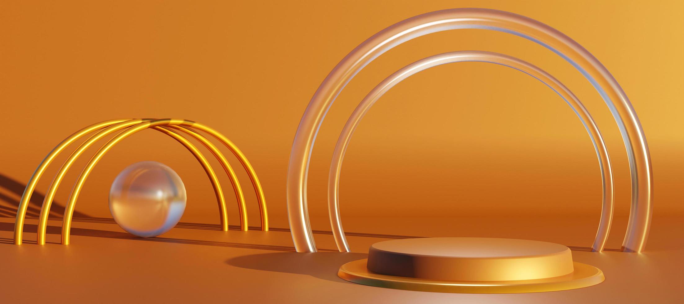 Podium with abstract decorative objects. Stand to show products with copy space. Bronze pedestal in futuristic scene. Banner size. Website cover template. 3D rendering. photo