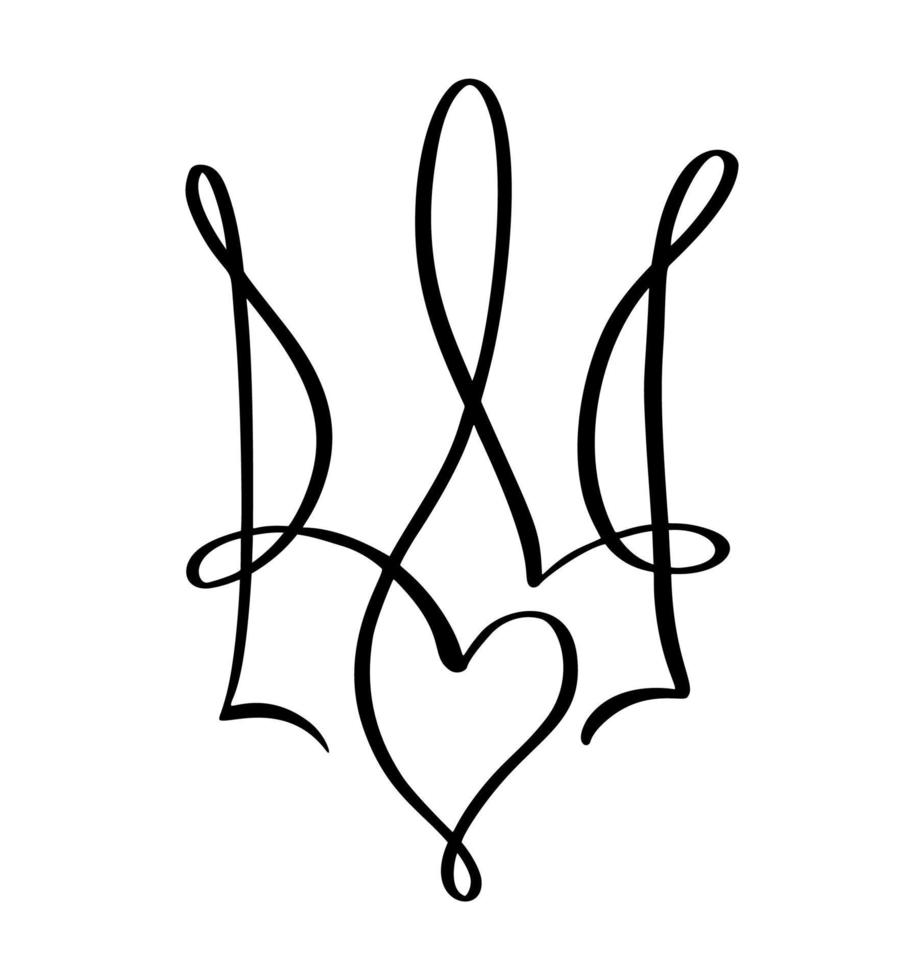 National ukrainian symbol Trident icon with heart love. Vector Hand drawn calligraphy Coat of Arms of Ukraine State emblem black color illustration flat style image
