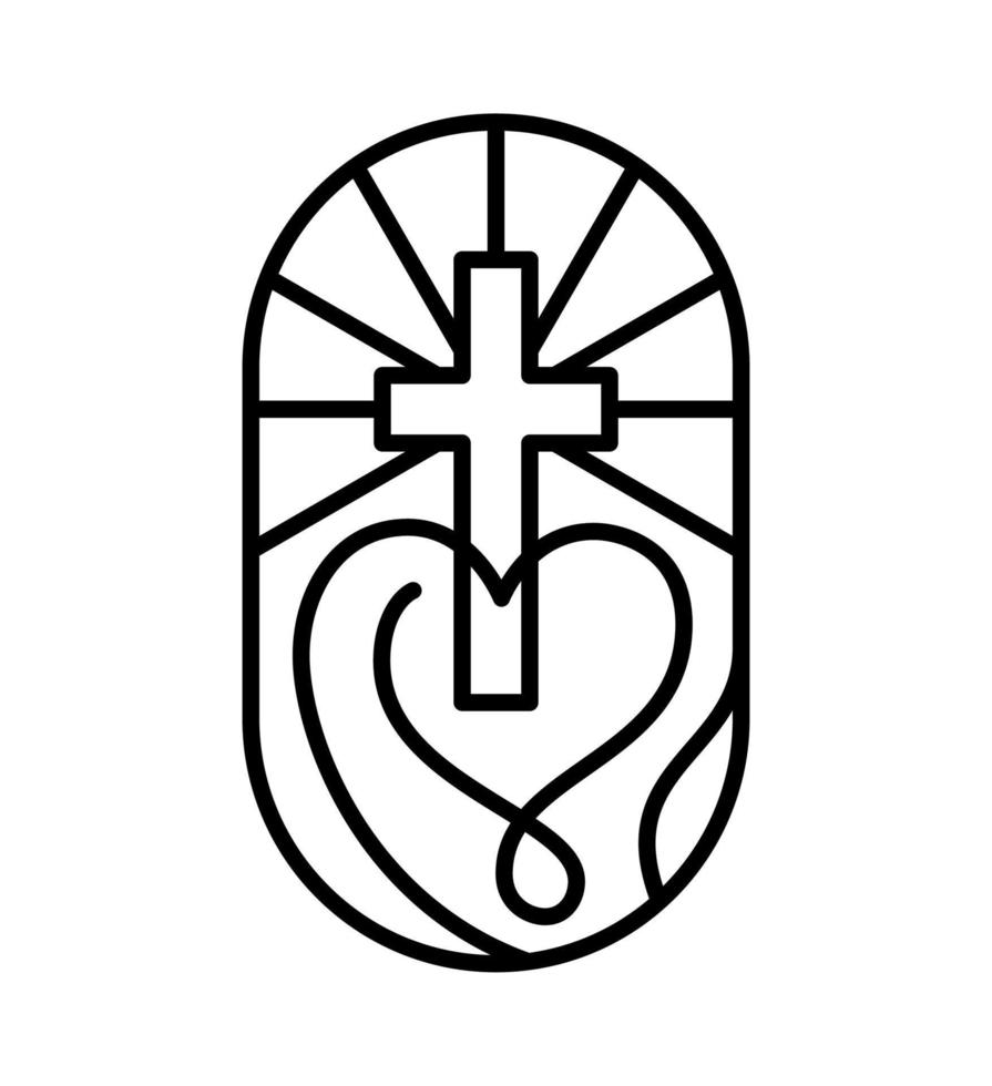 religión línea cruz y corazón vector logo iglesia icono ilustración aislada. jesucristo en el calvario es el centro del cristianismo. dios ama a la gente