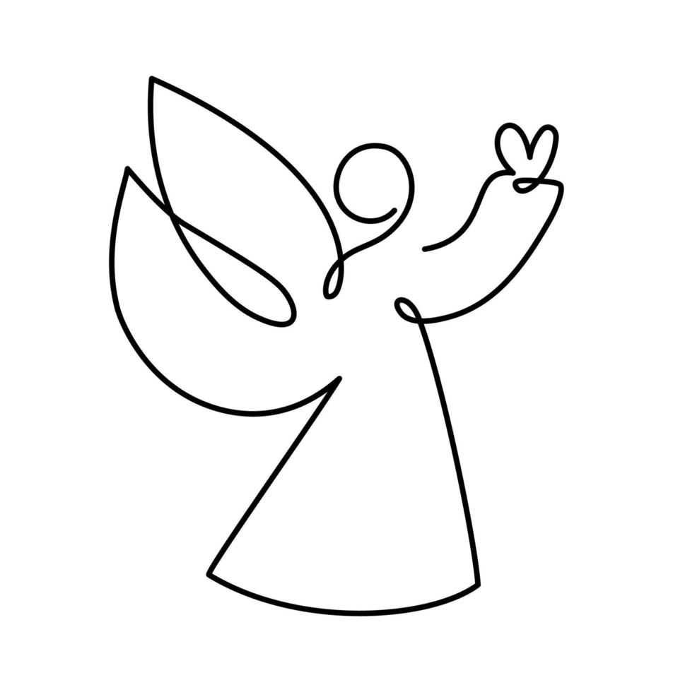 Simple vector Christmas angel with heart, continuous one line drawing, print for clothes and logo design, emblem or silhouette one single line, isolated abstract illustration