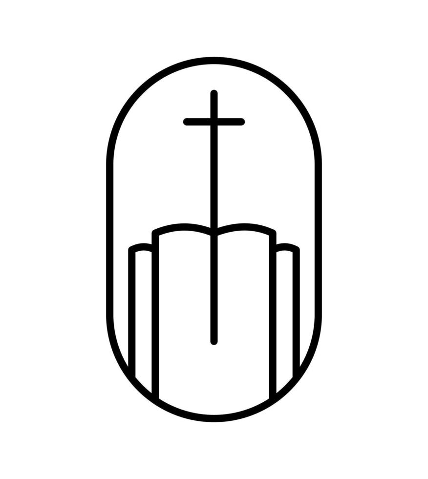 cruz de línea religiosa y libro abierto o edificio de iglesia. ilustración de icono de logotipo vectorial aislada. jesucristo en el calvario es el centro del cristianismo. dios perdon y amor por las personas vector