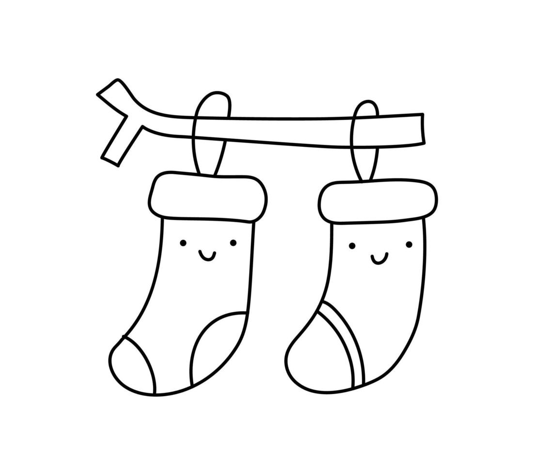 Vector Christmas illustration couple of warm knitted happy smilling line socks. Pair of cute patterned elements for winter design. Comfort and warm concept. Doodle minimalism style