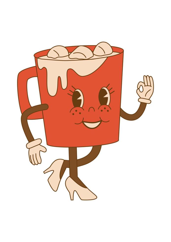 Comic character of a groovy red cocoa mug with marshmallow in trendy cartoon style on isolated background. For card, poster, print. vector