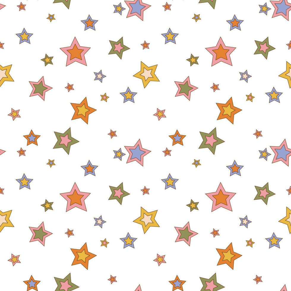 Hippie Christmas groovy seamless pattern with different cartoon stars on white background in retro style 1960s - 1970s vector