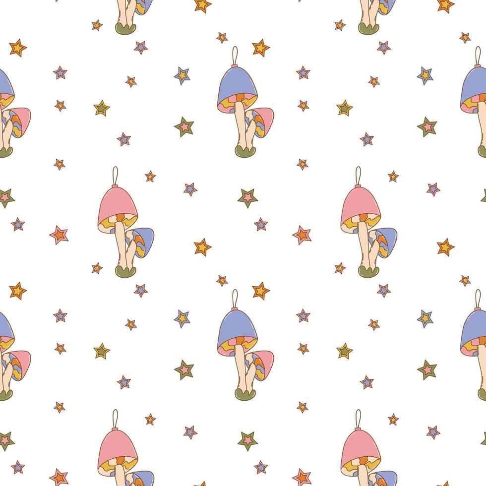 Hippie Christmas groovy seamless pattern with cartoon mushrooms and stars on white background in retro style 1960s - 1970s vector