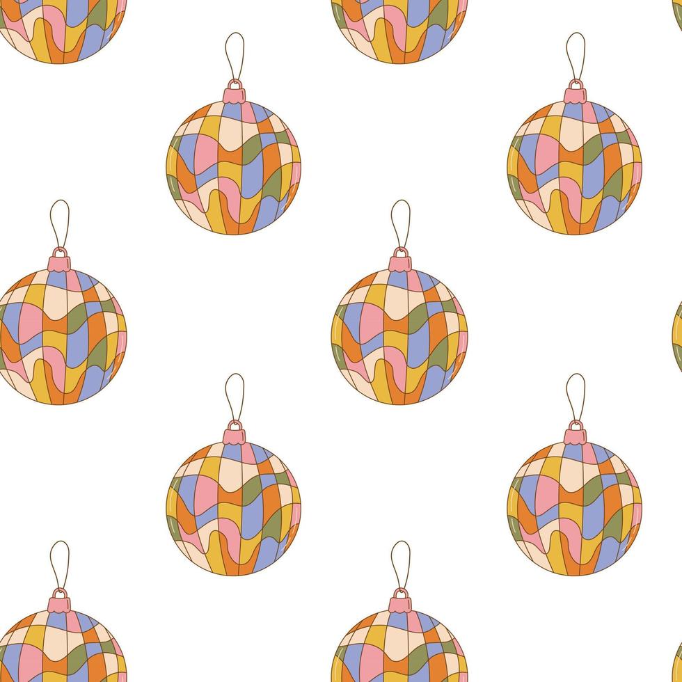 patrón sin costuras maravilloso de navidad hippie con bolas de navidad de dibujos animados sobre fondo blanco en estilo retro 1960-1970 vector