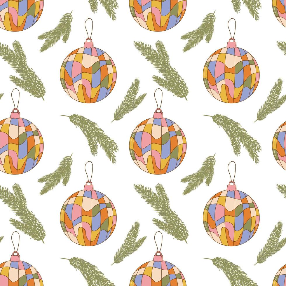 Hippie Christmas groovy seamless pattern with cartoon christmas balls and fir branches on white background in retro style 1960s - 1970s vector