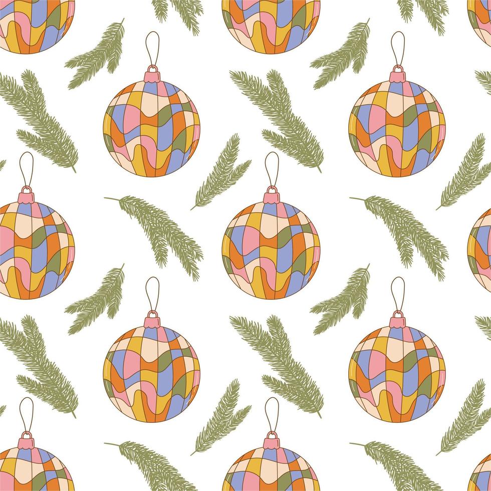 hippie navidad groovy de patrones sin fisuras con bolas de navidad de dibujos animados y ramas de abeto sobre fondo blanco en estilo retro 1960-1970 vector