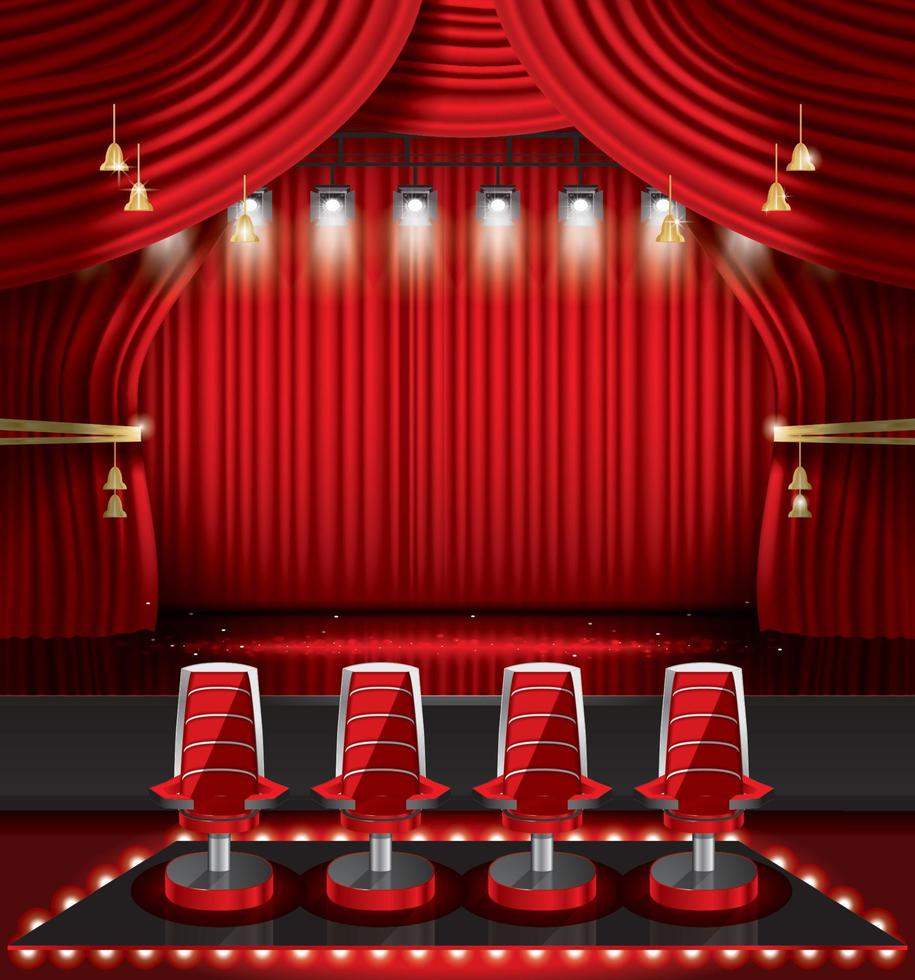 Red Stage Curtain with Spotlights and Four Chairs. vector
