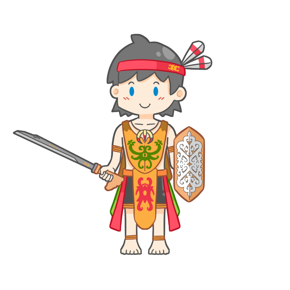 Cute Dayak Boy with mandau and shield png