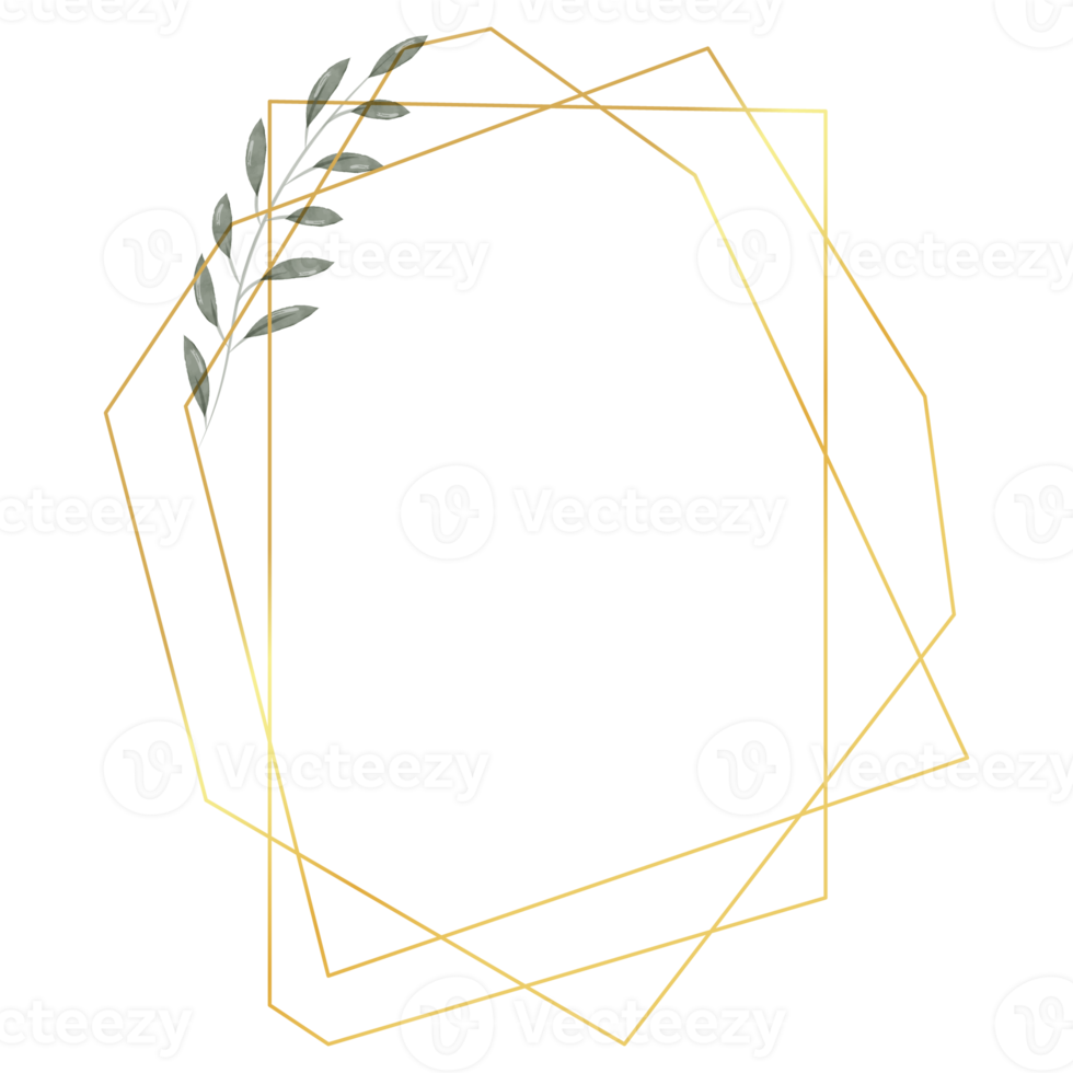 gyllene geometrisk ram med grön löv i vattenfärg stil. lyx polygonal gräns för dekoration hjärtans dag, bröllop inbjudningar, hälsning kort. png på transparent bakgrund