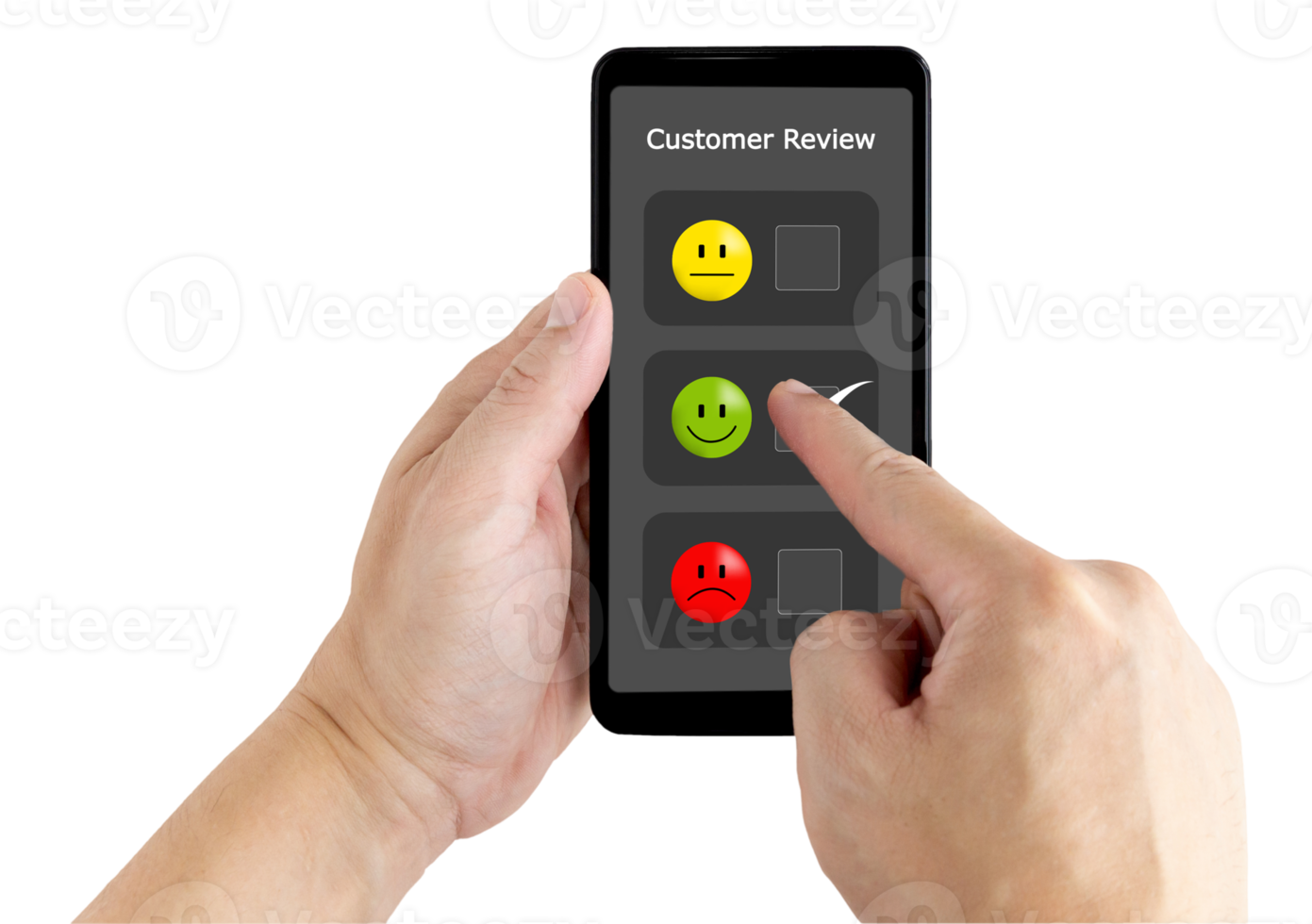 hand touching the application on the happy smile face icon to give satisfaction in service.rating very impressed.Customer service and Satisfaction concept png