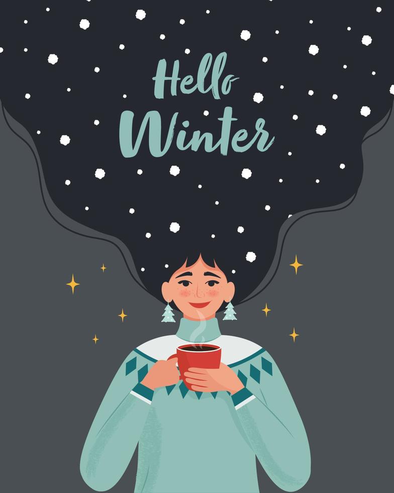 Girl in warm sweater with hot mug and with snow in her hair. Christmas and Happy New Year template. Trendy retro style. Vector design template