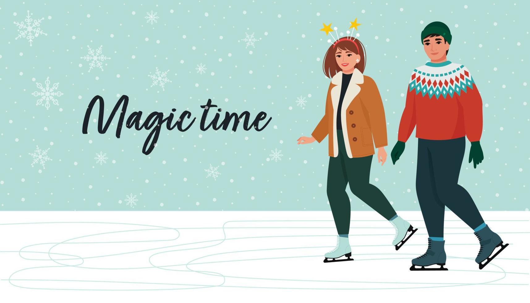 hombre y mujer patinando juntos, pareja feliz. actividades de invierno, diversión de invierno, tiempo mágico. ilustración vectorial en estilo plano vector