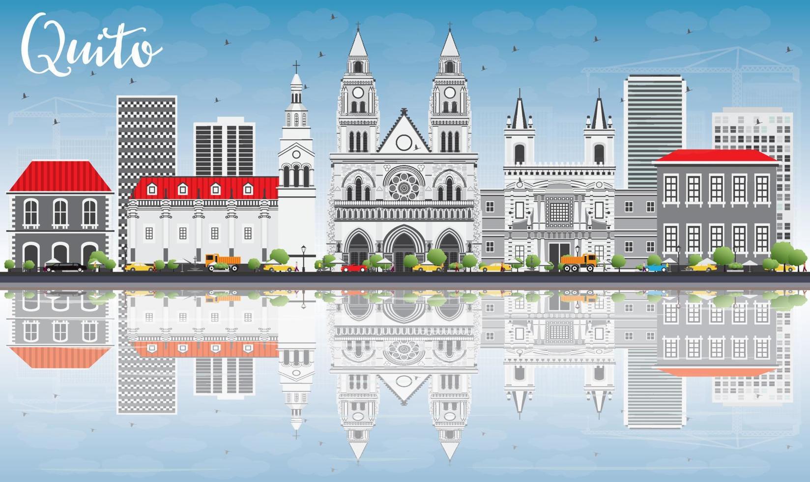 Quito Skyline with Gray Buildings, Blue Sky and Reflections. vector