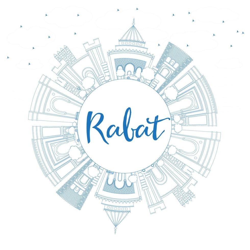 Outline Rabat Skyline with Blue Buildings and Copy Space. vector