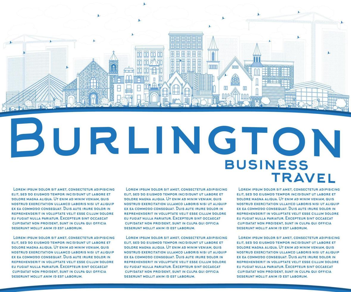 Outline Burlington Iowa City Skyline with Blue Buildings and Copy Space. vector