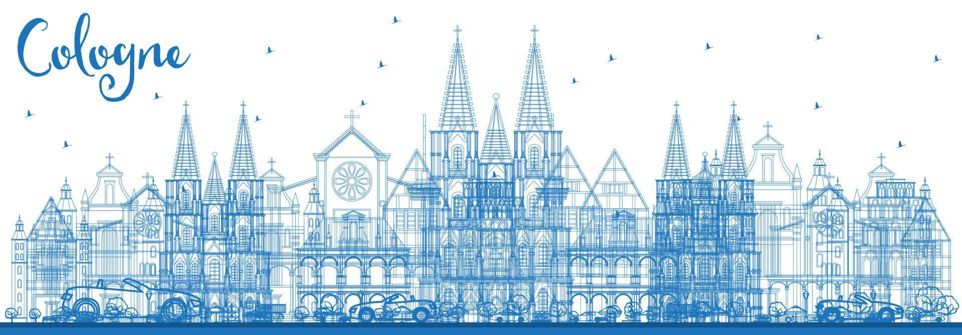 Outline Cologne Germany City Skyline with Blue Buildings. vector