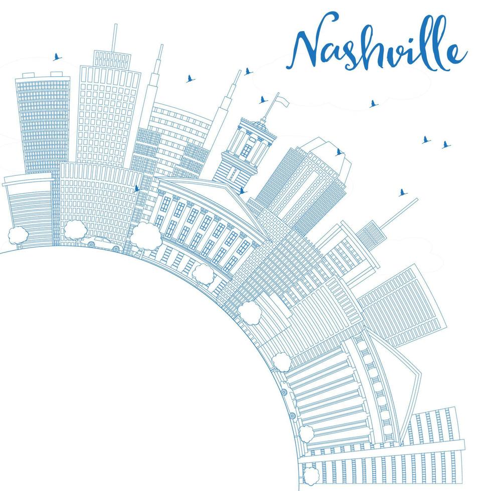 esbozar el horizonte de nashville con edificios azules y espacio de copia. vector