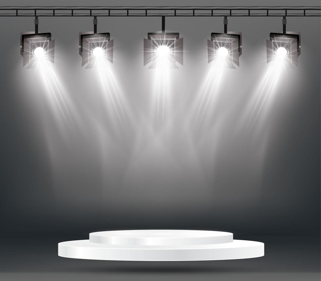 Stage Illumination Effects with Spotlights and White Podium. vector