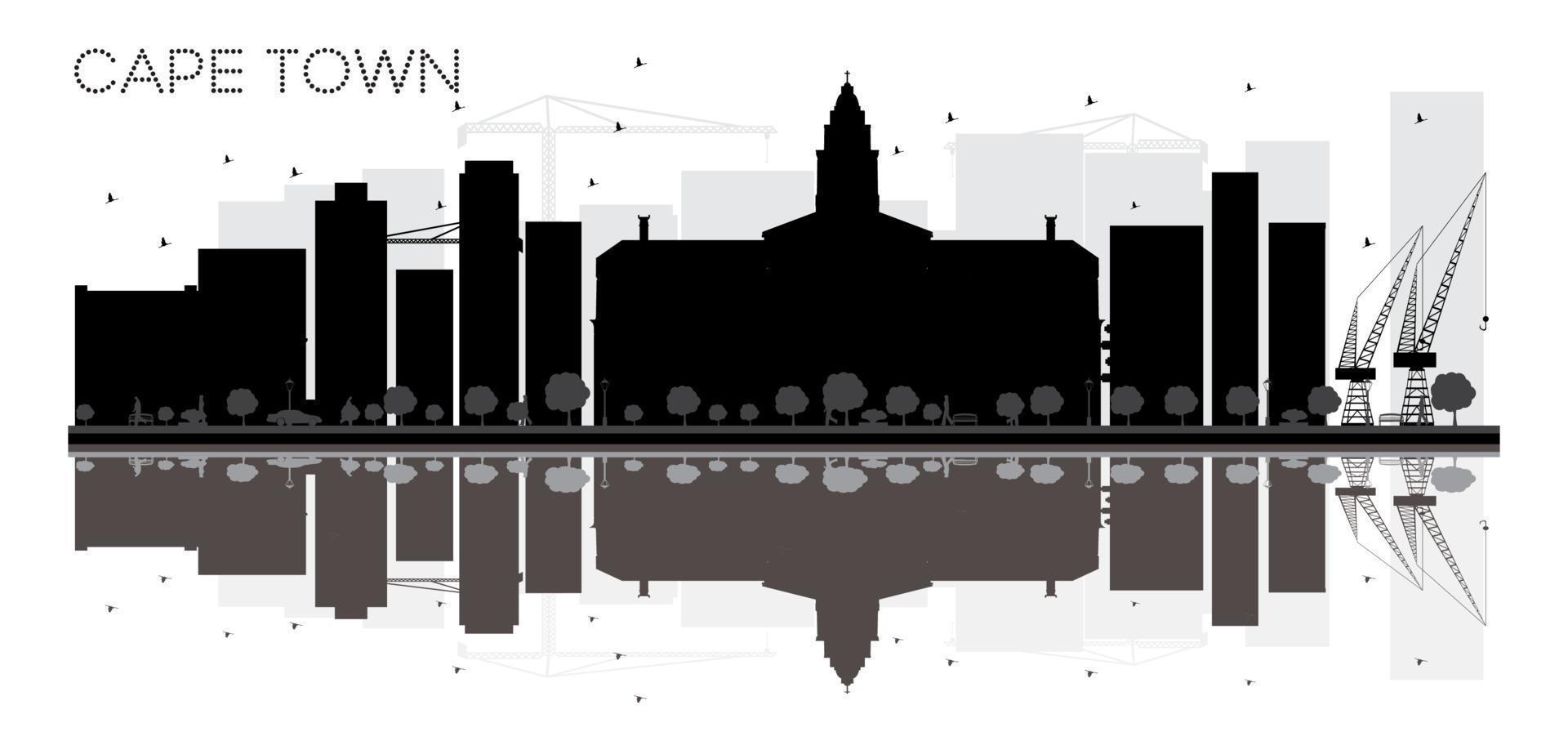 Cape Town City skyline black and white silhouette with reflections. vector