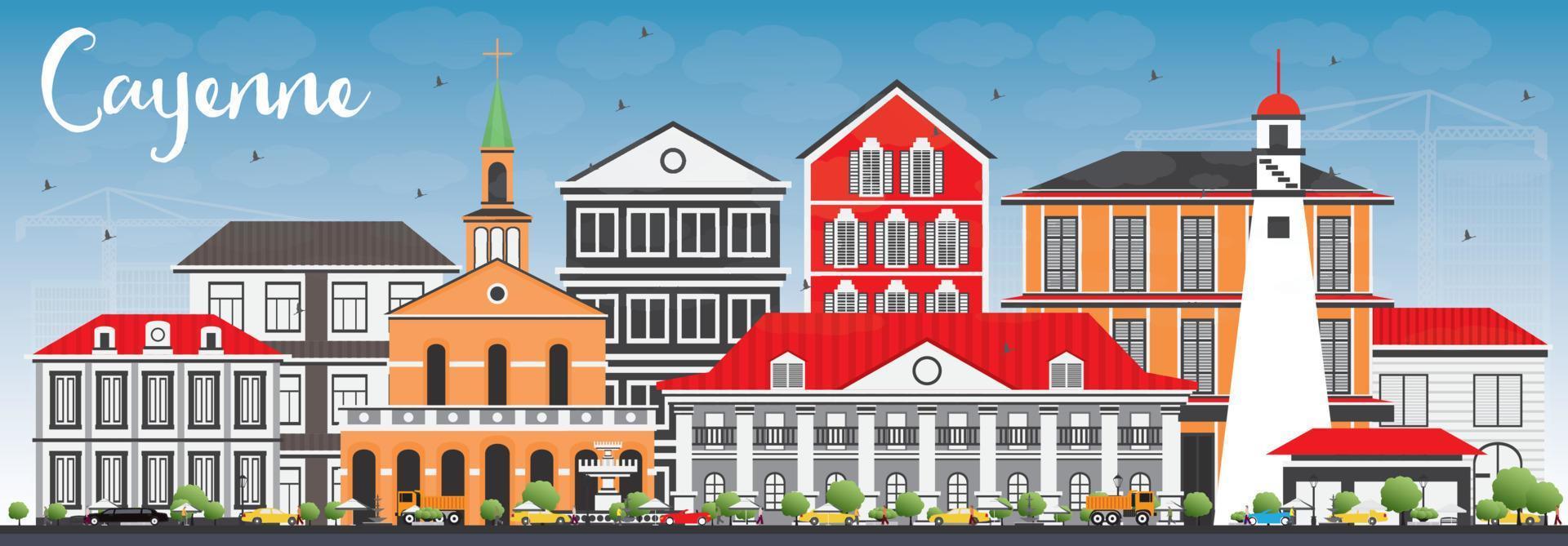 Cayenne Skyline with Color Buildings and Blue Sky. vector