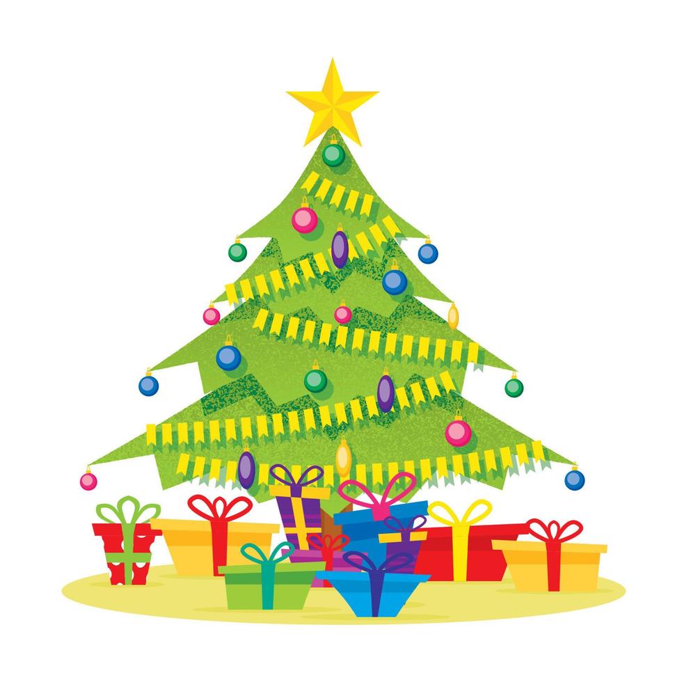 árbol de navidad aislado en blanco con cajas de regalo, estrellas, bolas y guirnaldas. vector