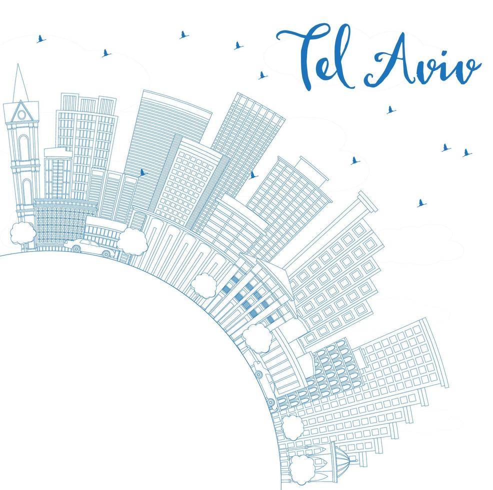 Outline Tel Aviv Skyline with Blue Buildings and Copy Space. vector