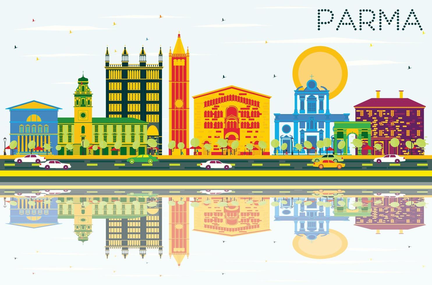 Parma Skyline with Color Buildings, Blue Sky and Reflections. vector