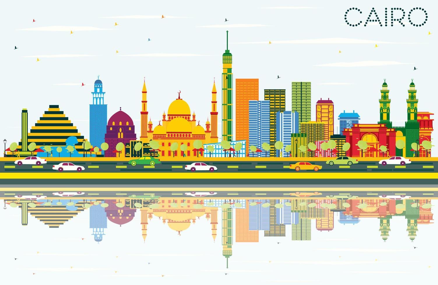Cairo Egypt Skyline with Color Buildings, Blue Sky and Reflections. vector