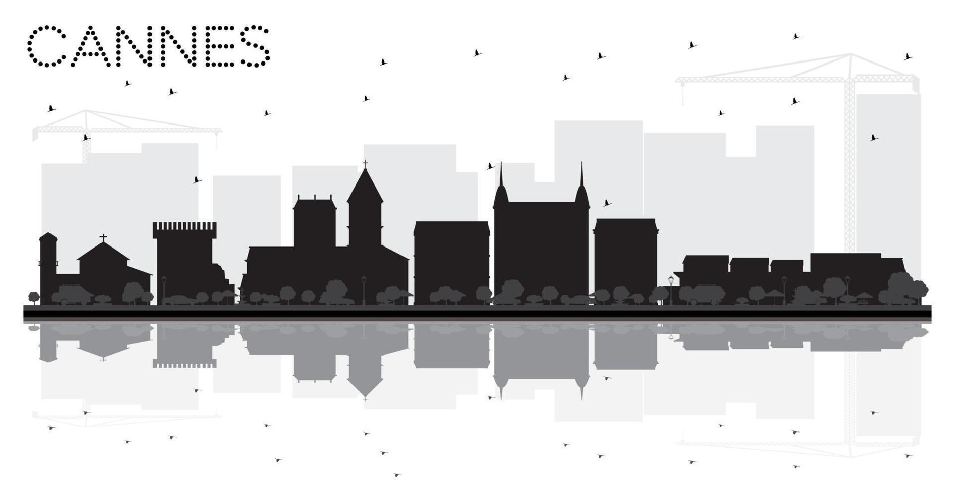 Cannes France City skyline black and white silhouette with Reflections. vector