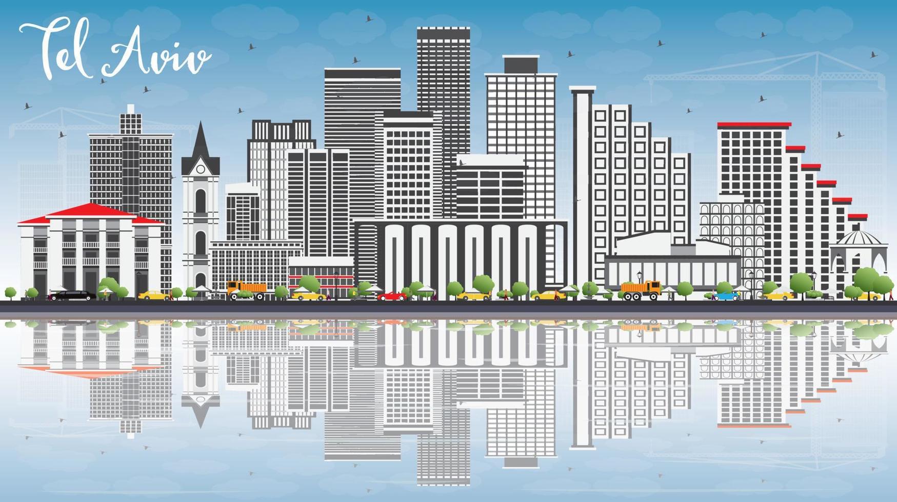 Tel Aviv Skyline with Gray Buildings, Blue Sky and Reflections. vector