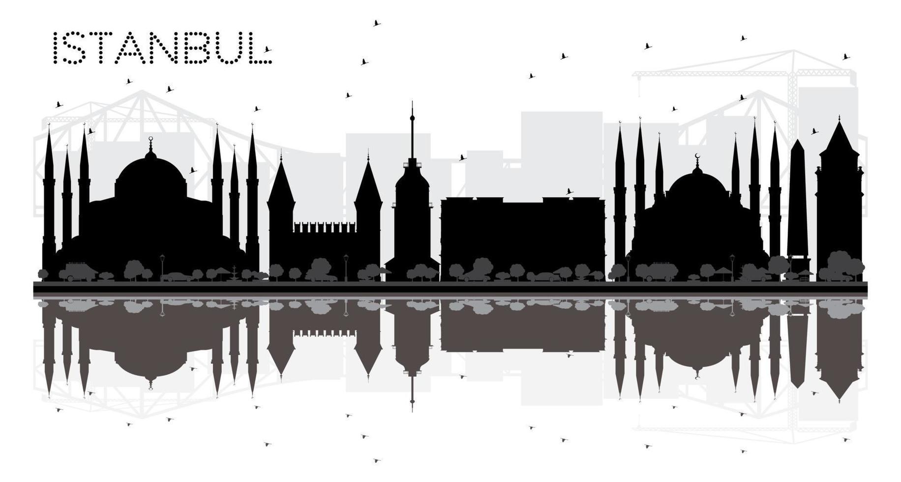 silueta en blanco y negro del horizonte de la ciudad de estambul con reflejos. vector