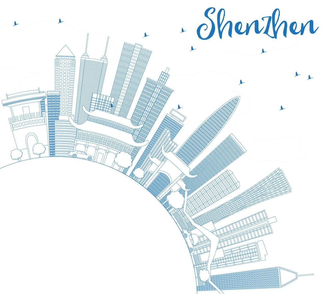 delinee el horizonte de shenzhen con edificios azules y copie el espacio. vector