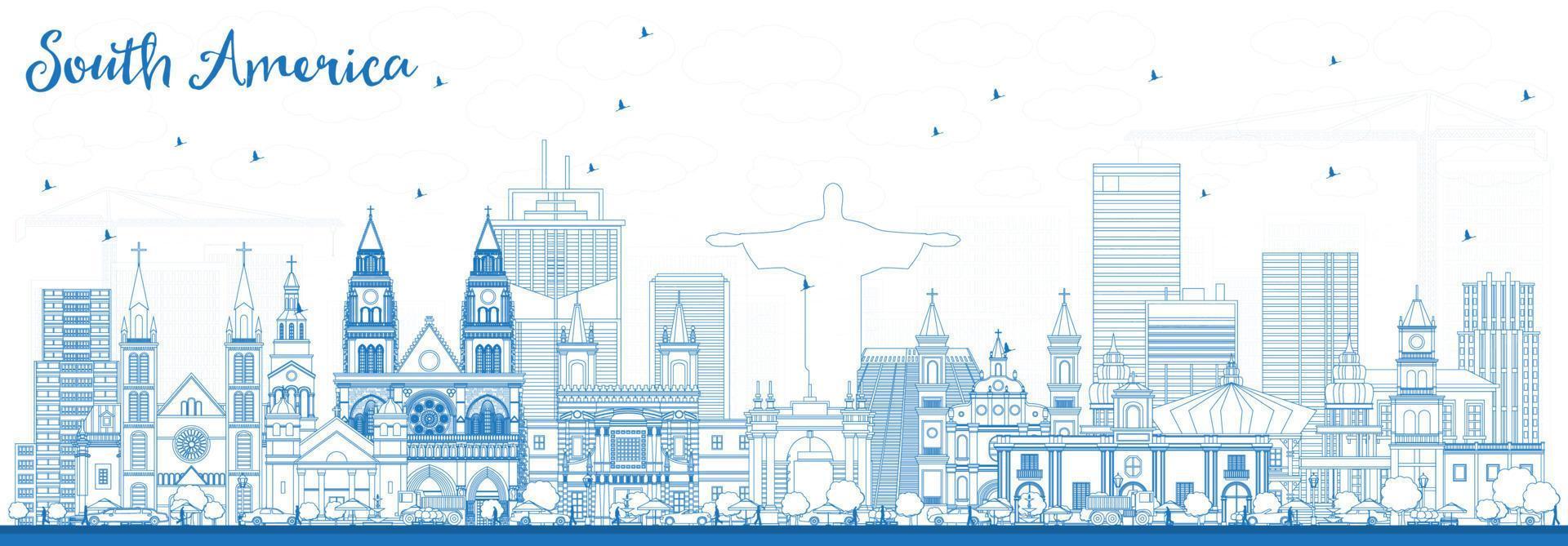 Outline South America Skyline with Famous Landmarks. vector