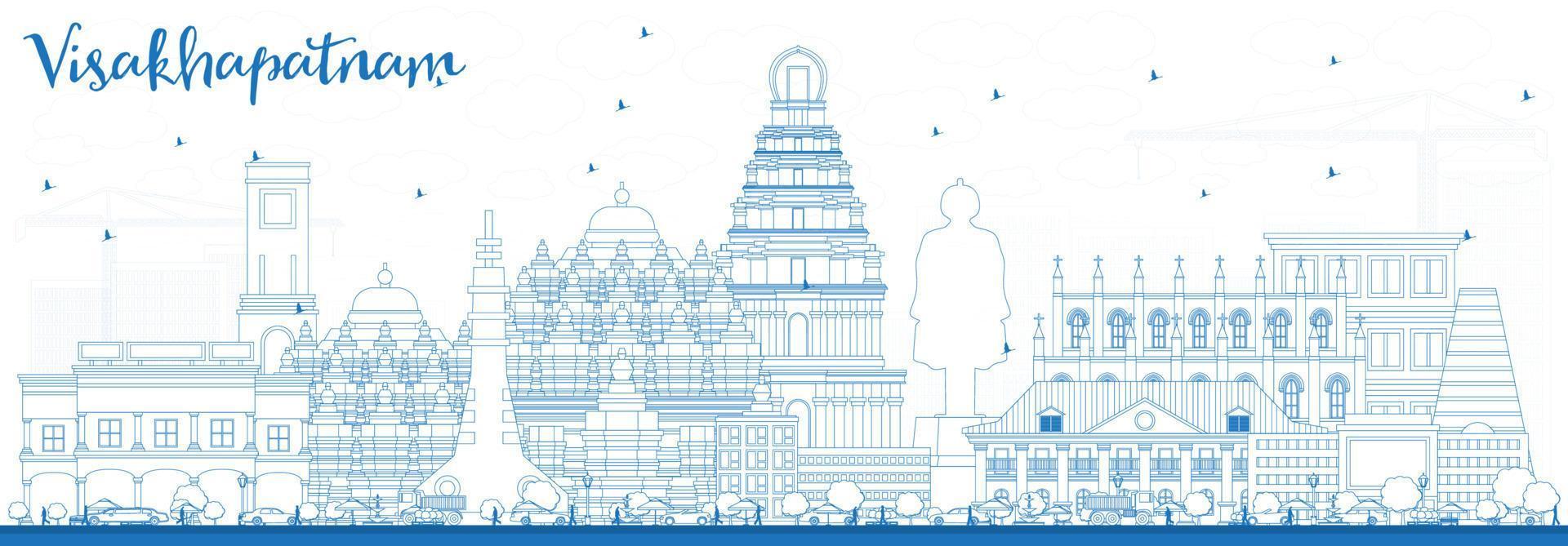 delinear el horizonte de visakhapatnam con edificios azules. vector