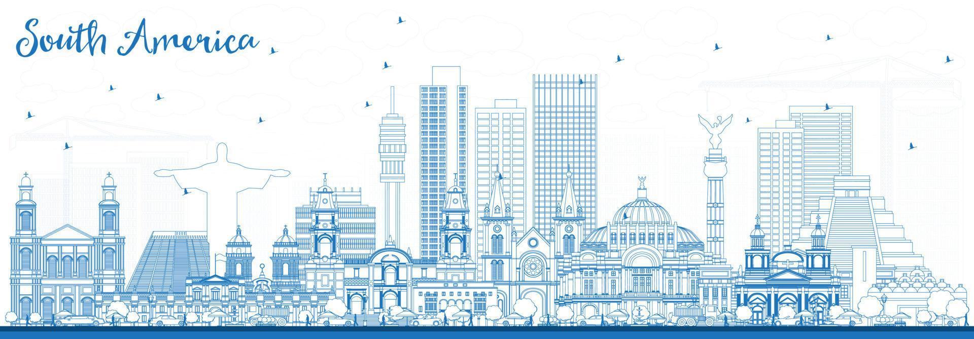 Outline South America Skyline with Famous Landmarks. vector