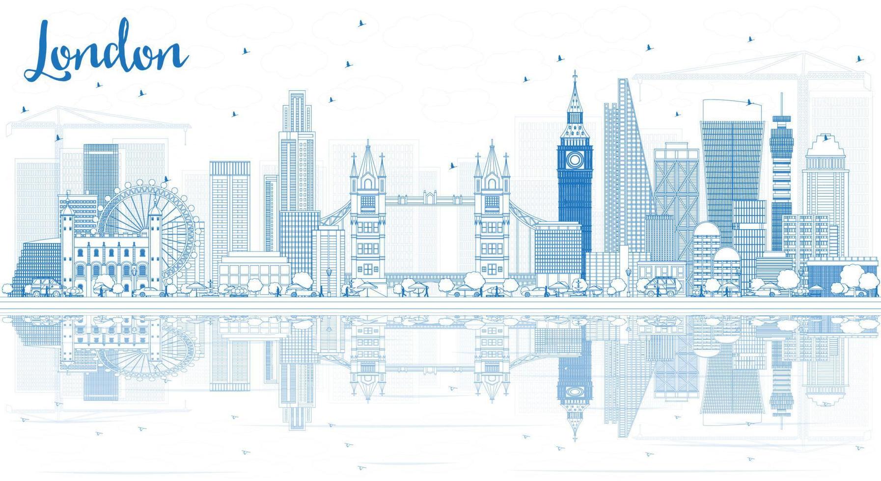 Outline London Skyline with Blue Buildings and Reflections. vector