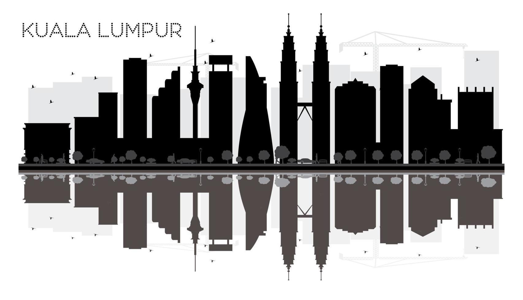 silueta en blanco y negro del horizonte de la ciudad de kuala lumpur con reflejos. vector